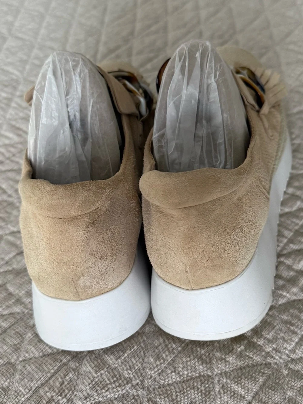 Vaneli Sport Tan Suede Platform Fringe Loafer Animal Print Chain Detail 7.5 M